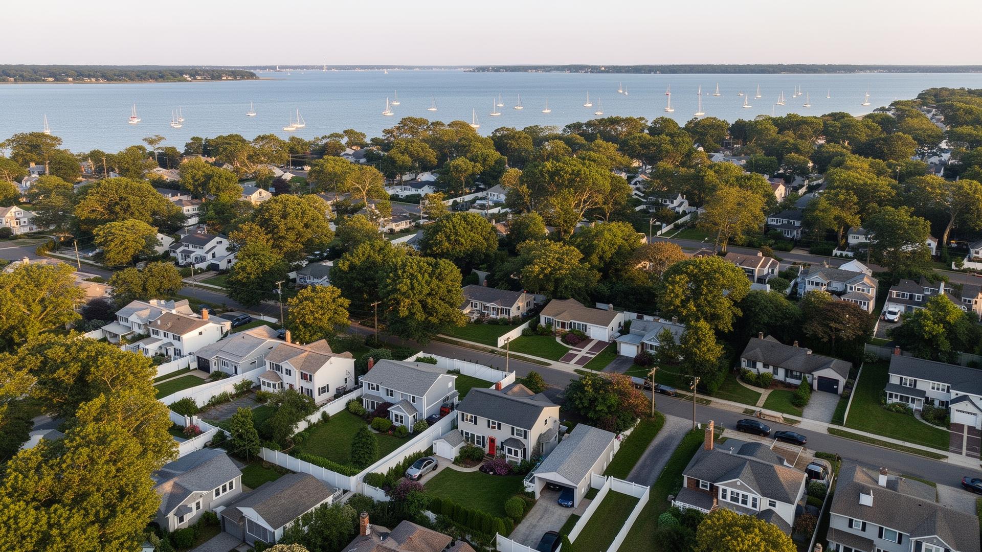 Aerial view of a Long Island coastal neighborhood